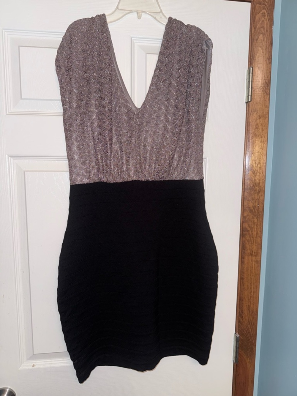 Express V-Neck Metallic Taupe and Black Mini Dress.